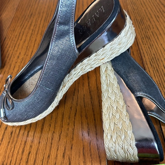 Lauren Ralph Lauren Silver Metallic Slide-On Slingback Wedges Bow - Picture 8 of 14